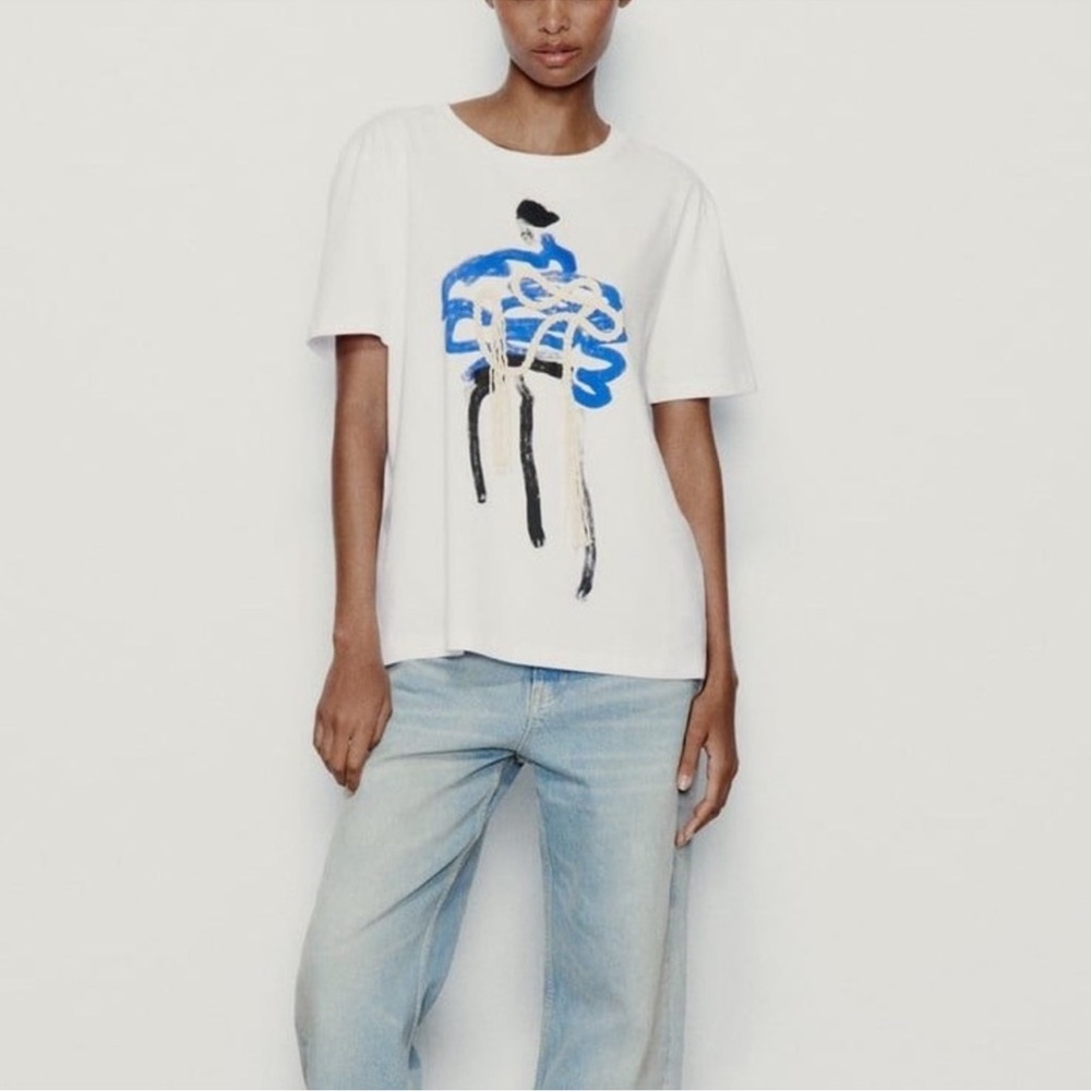 Zara White Tee with Blue Abstract Design - Picture 2 of 5